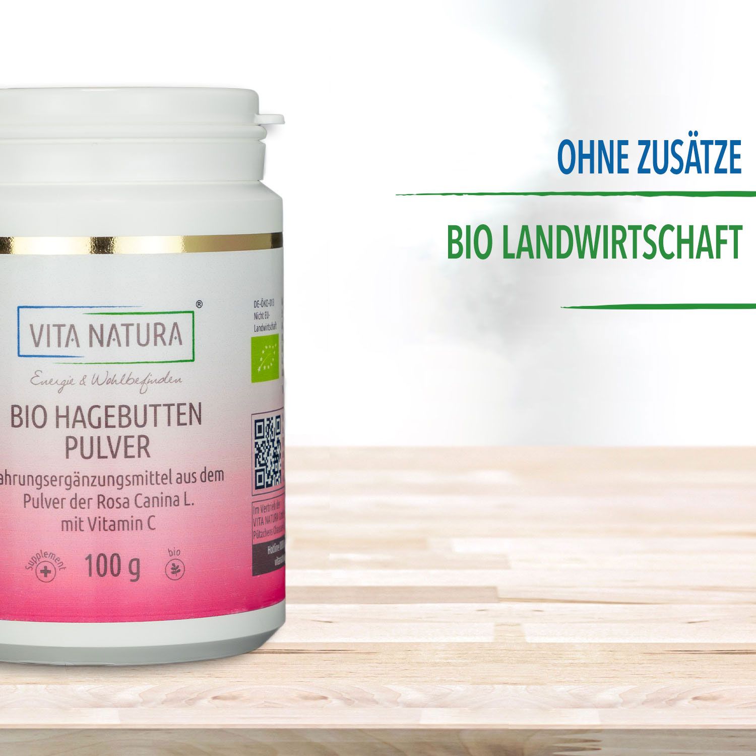 Hagebuttenpulver Dose Hagebuttenpulver auf einer Holzplatte