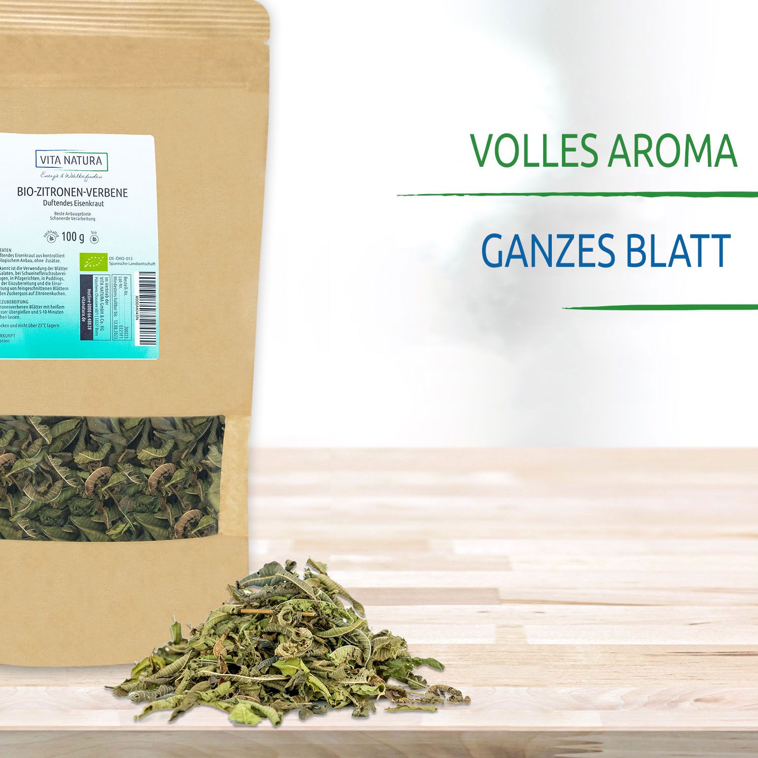 Zitronenverbene Tee Ein Beutel Zitronenverbene Tee auf einer Holzplatte