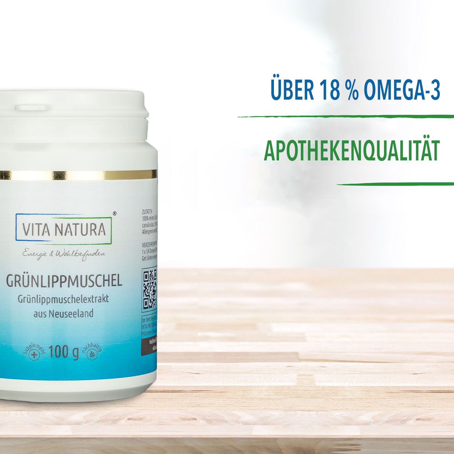Grünlippmuschelextrakt Eine Dose Grünlippmuschelextrakt auf einer Holzplatte