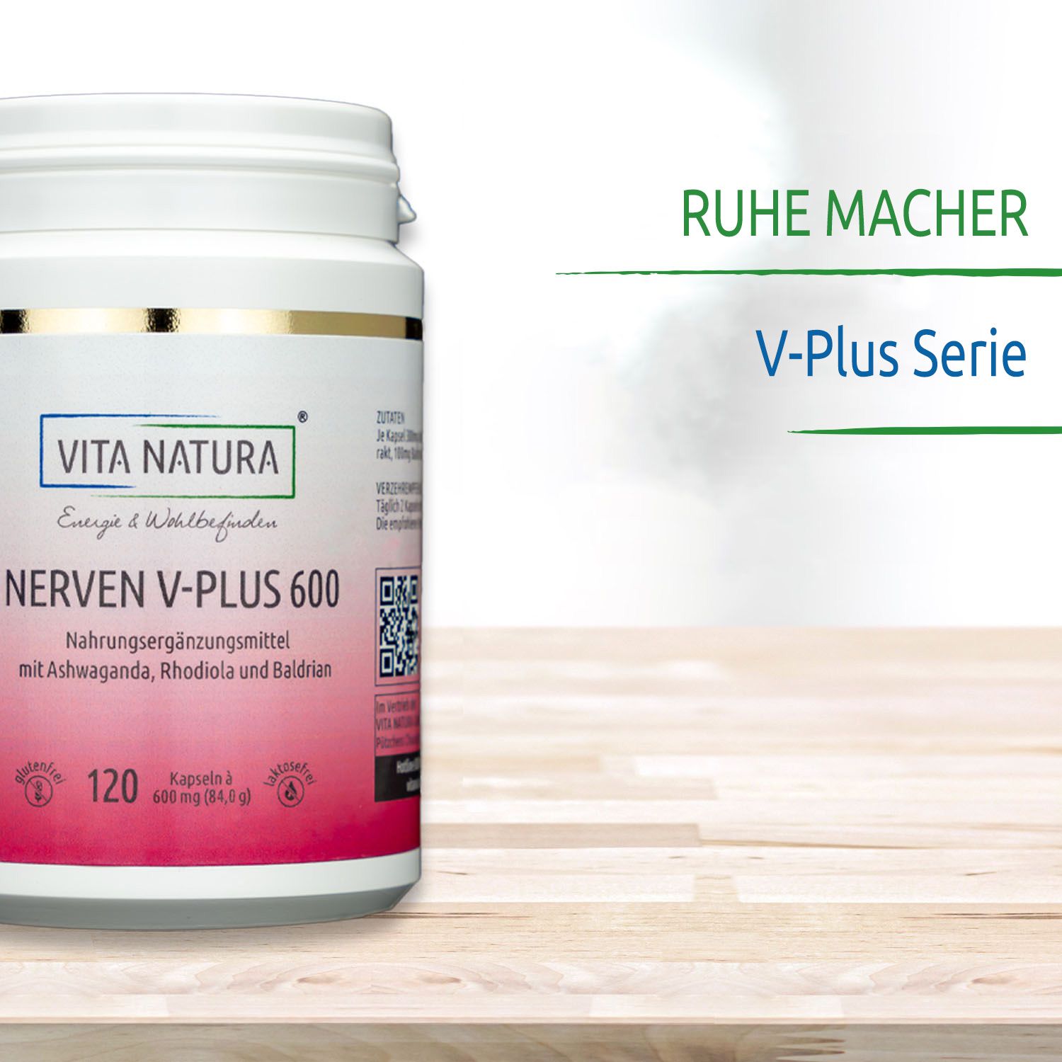 Bild von der Dose Nerven V-Plus auf einer Holzplatte Bild von der Dose Nerven V-Plus auf einer Holzplatte