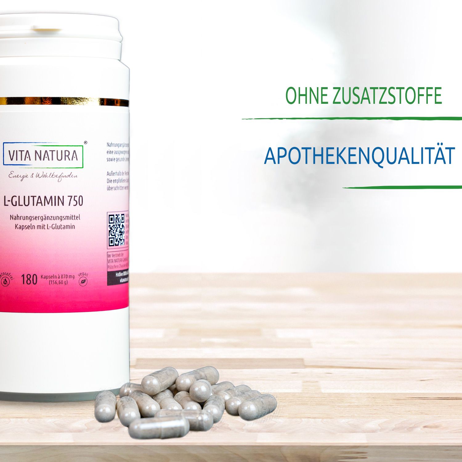 Bild von der Dose L-Glutamin auf einer Holzplatte und davor liegen einige Kapseln Bild von der Dose L-Glutamin auf einer Holzplatte und davor liegen einige Kapseln