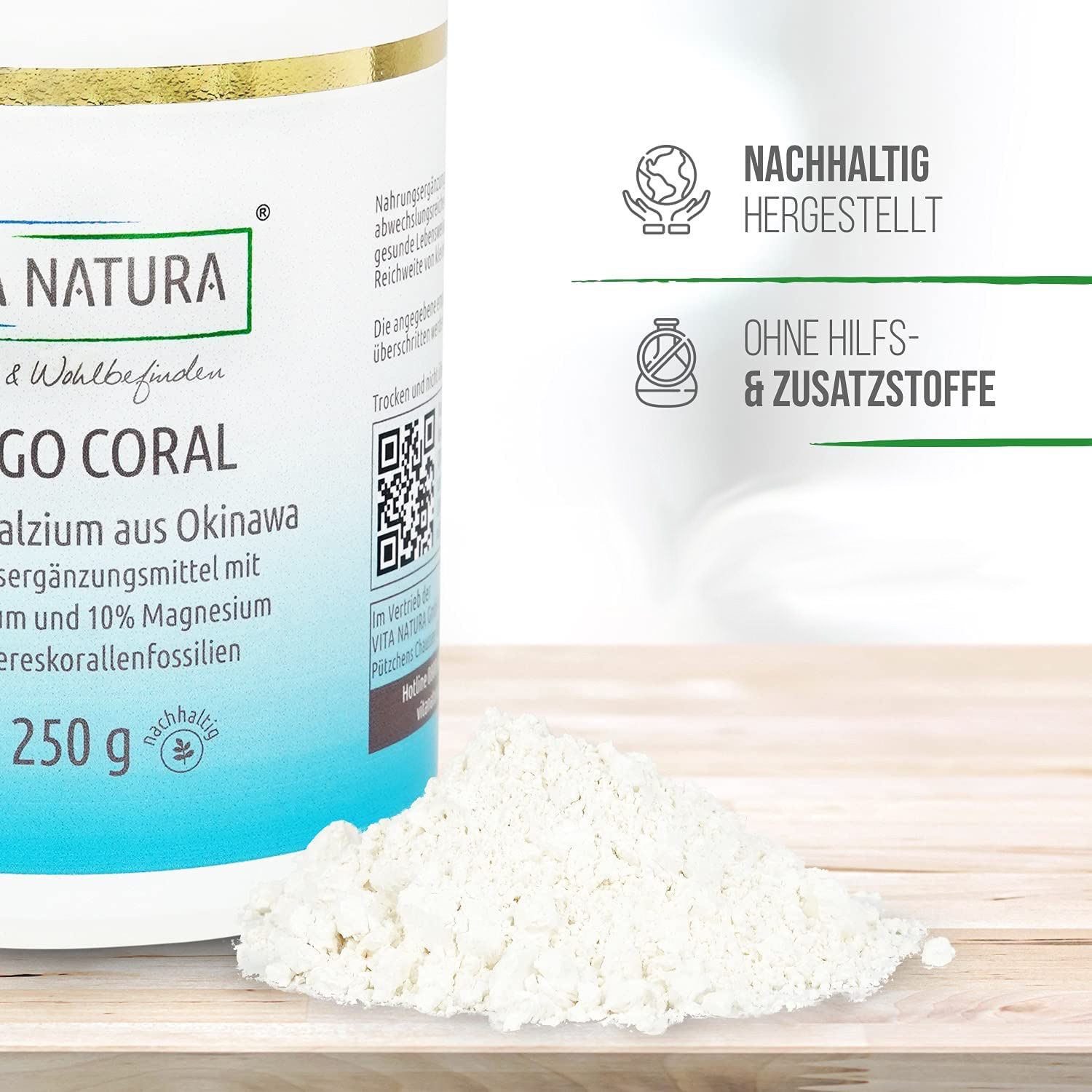 Sango Coral Pulver Eine Dose Sango Coral und etwas Pulver auf einer Holzplatte
